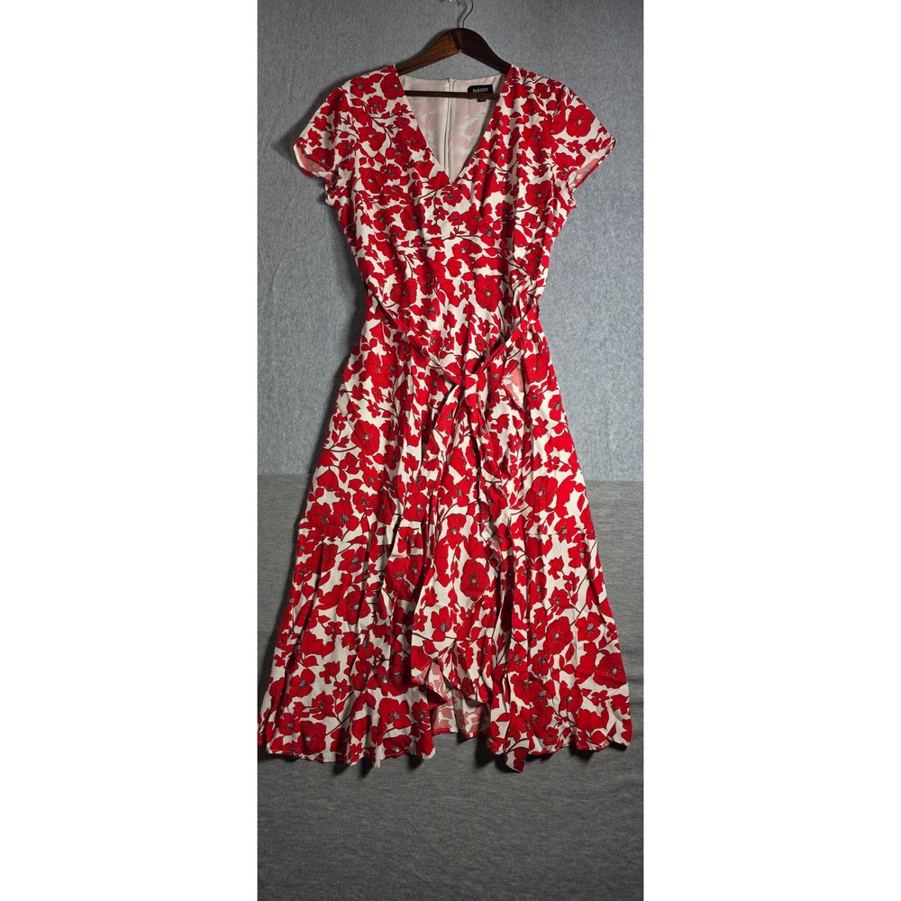 Bardot Floral Midi Dress Womens US 12 XL Red White Faux Wrap Ruffle Hem V-Neck